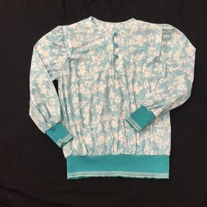 Vintage polyester Lenore S 80s floral green top